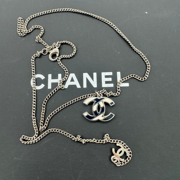 Jewelry - Chanel CC Logo Enamel Pendant Necklace Silver Tone Black White 16S